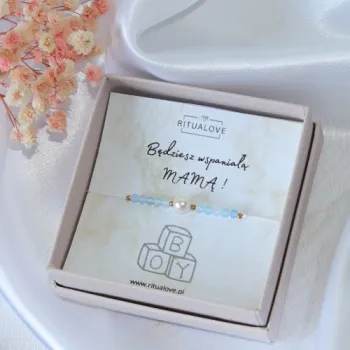Bransoletka dla przyszłej mamy Baby Shower z perłą i akwamarynem | Prezent dla kobiety w ciąży